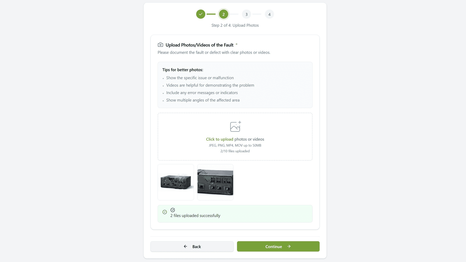 Portal photo upload step showing tips, the drag-and-drop uploader and two uploaded photos