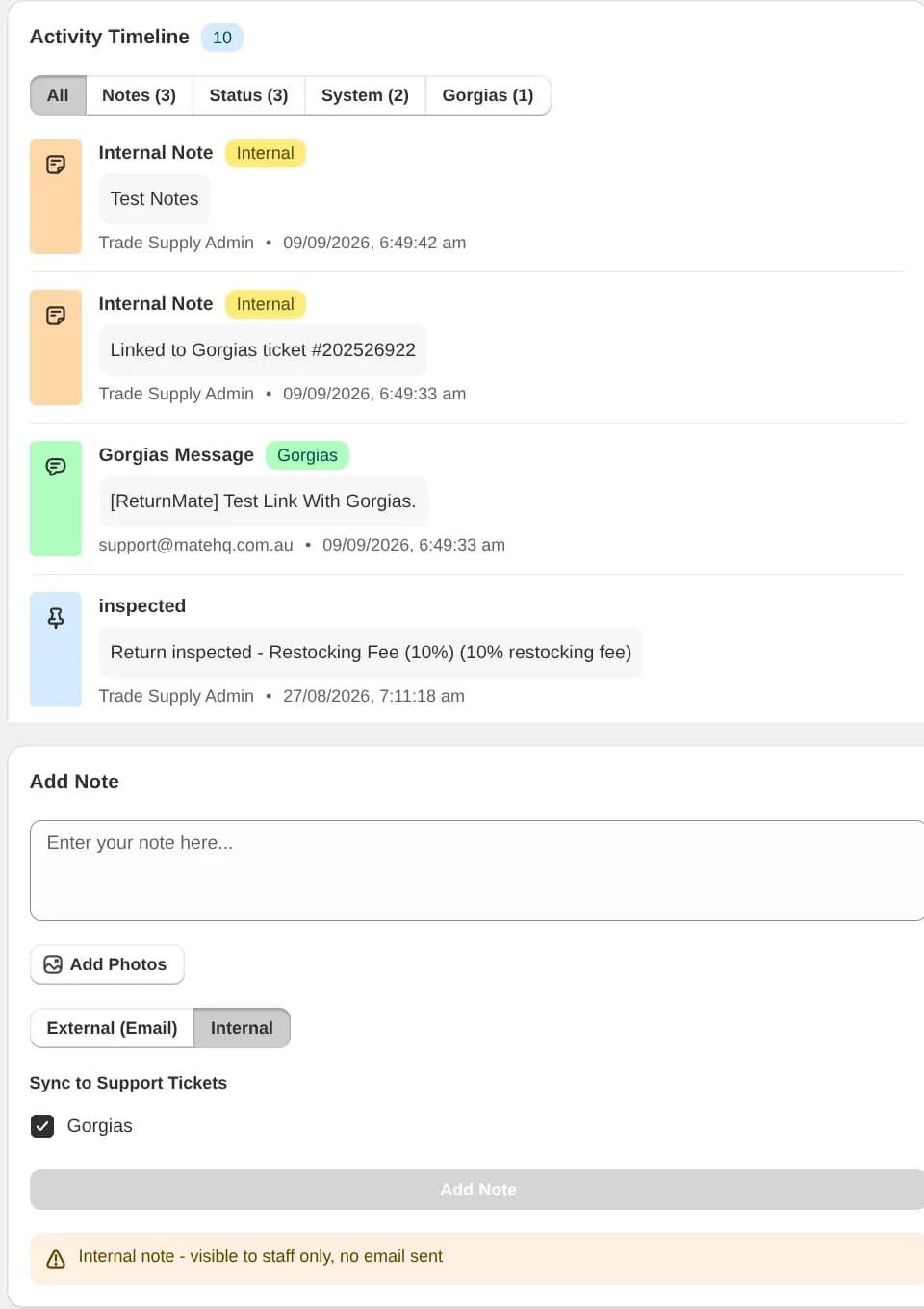 ReturnMate RMA activity timeline showing internal notes, a Gorgias Message entry and an inspected status entry, above the Add Note panel with an External or Internal toggle and a Sync to Support Tickets checkbox for Gorgias