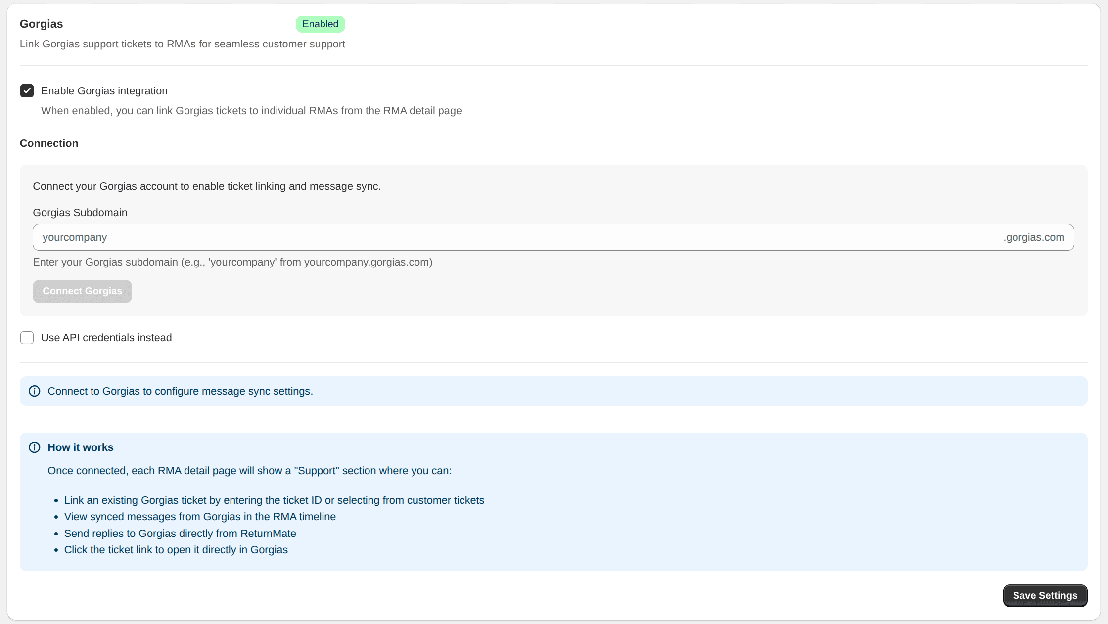 ReturnMate Gorgias integration settings page showing the Enable Gorgias Integration checkbox, subdomain field, and Connect Gorgias button