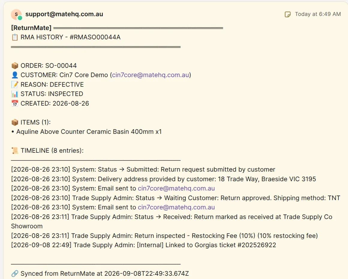 Internal note posted by ReturnMate on a Gorgias ticket: RMA history for #RMASO00044A listing the order, customer, reason, status, created date, items and an eight-entry timeline from submitted through approved, received and inspected