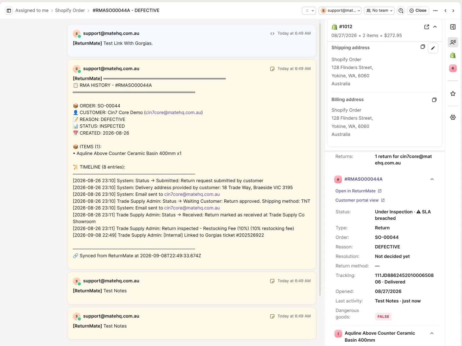 A Gorgias ticket with ReturnMate's RMA history internal note in the conversation and the ReturnMate widget in the right sidebar showing RMA #RMASO00044A with status, order, reason, tracking and links to ReturnMate and the customer portal