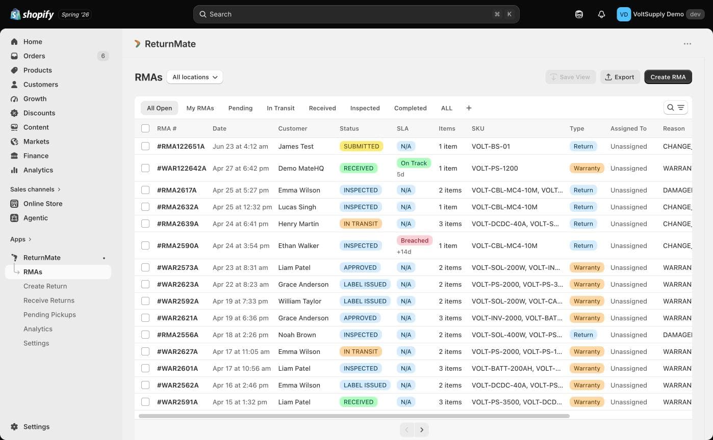 RMA list with queue tabs, filters and location switcher
