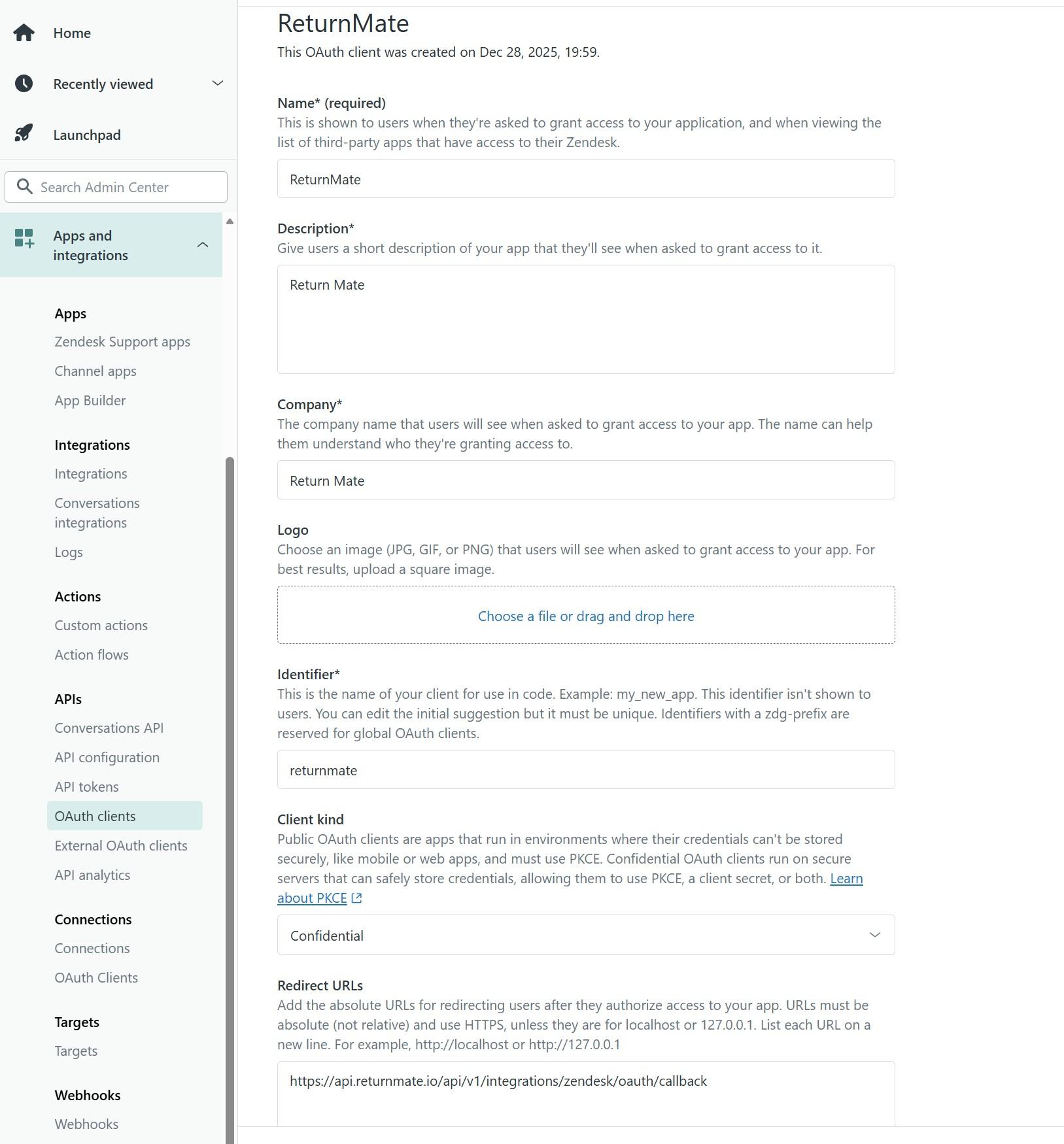Zendesk OAuth client configuration