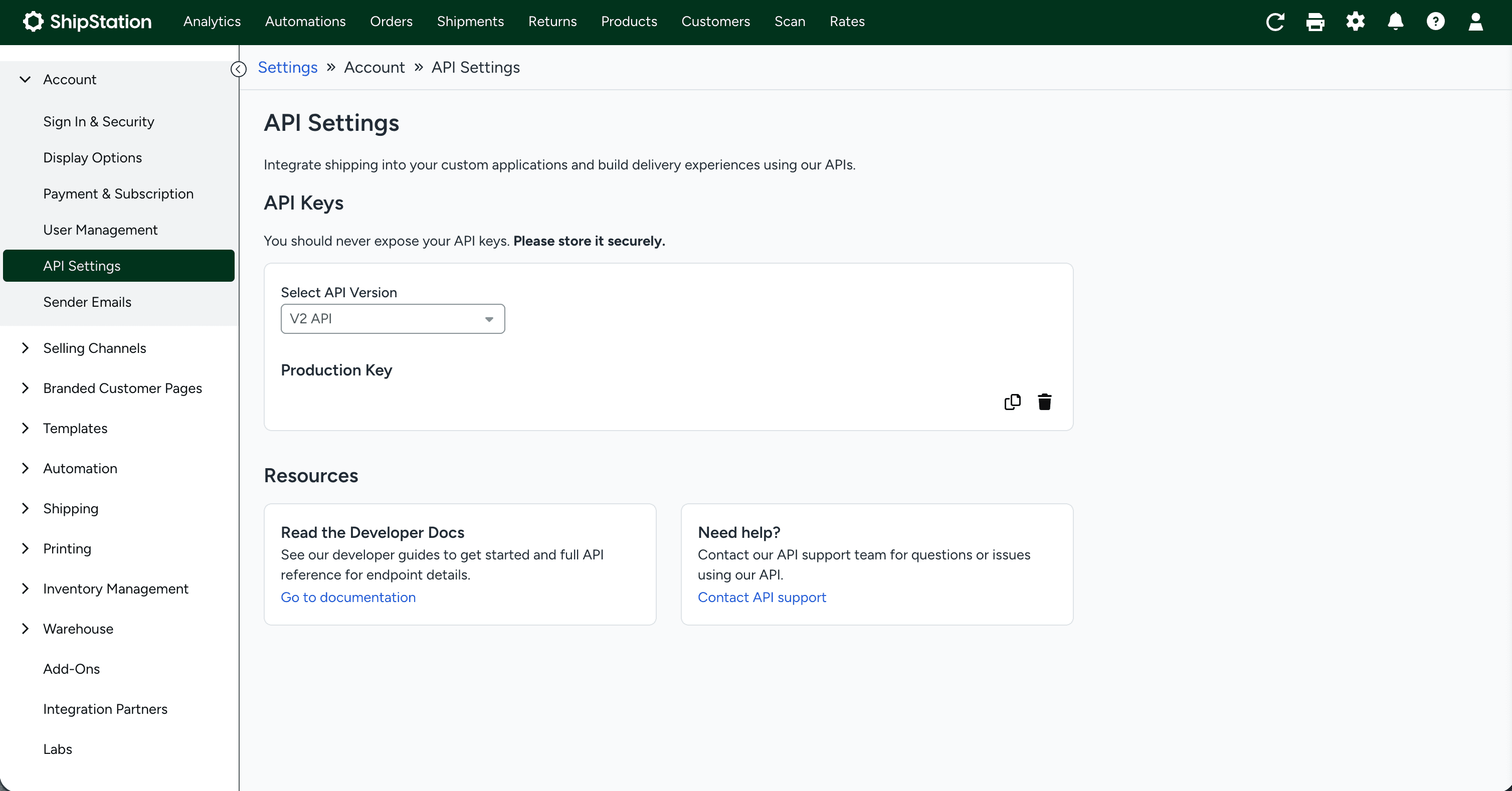 ShipStation API Settings page with the API version selector and Generate API Key button