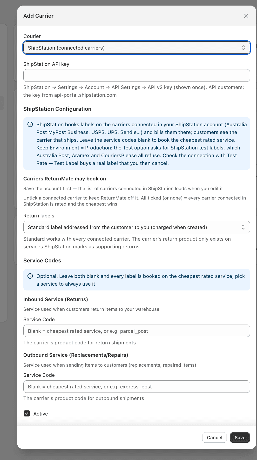 ReturnMate Add Carrier modal with ShipStation selected: the API key field, the ShipStation configuration section and the service code fields