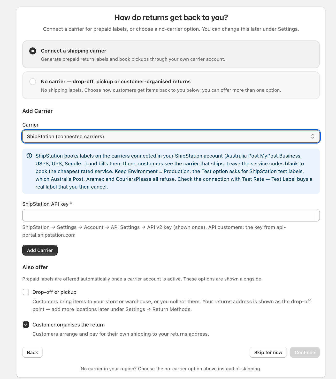 ReturnMate setup wizard carrier step with ShipStation selected and its API key field