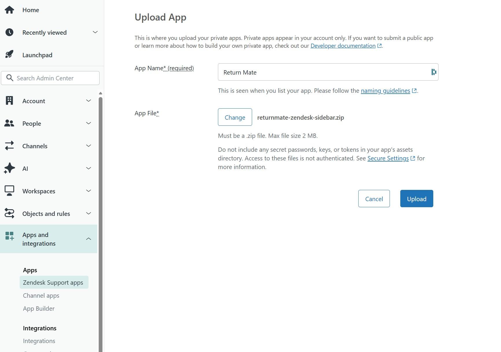 Uploading the ReturnMate sidebar app in Zendesk