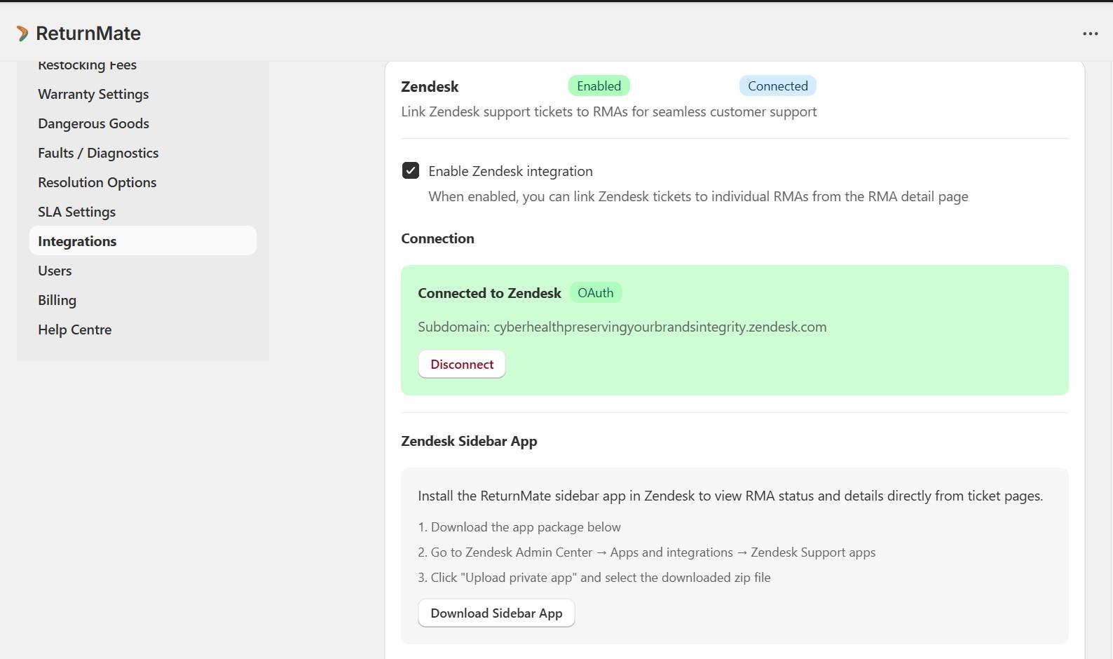 Zendesk integration settings in ReturnMate