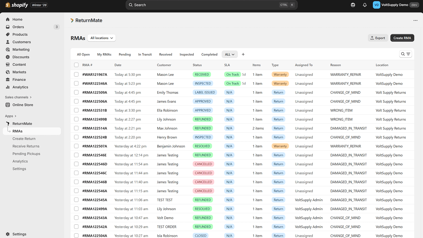 RMA List Bulk Selection
