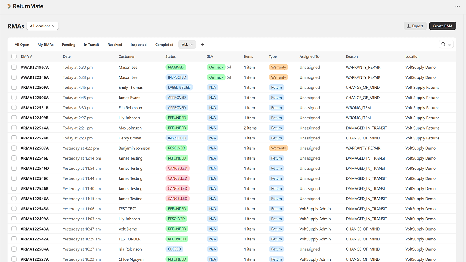 RMA List View