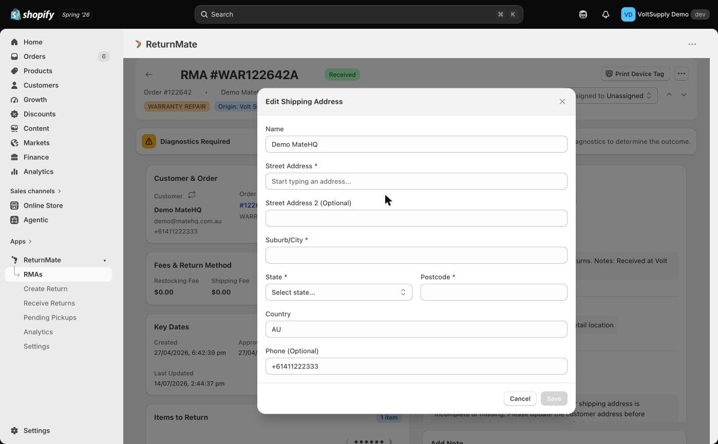 Edit Shipping Address modal on the RMA detail page