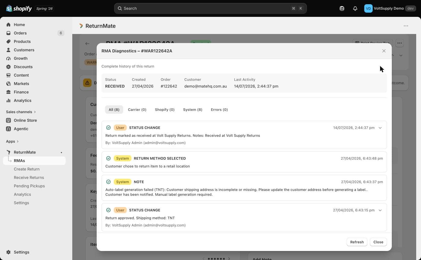RMA Diagnostics modal with All, Carrier, Shopify, System and Errors tabs