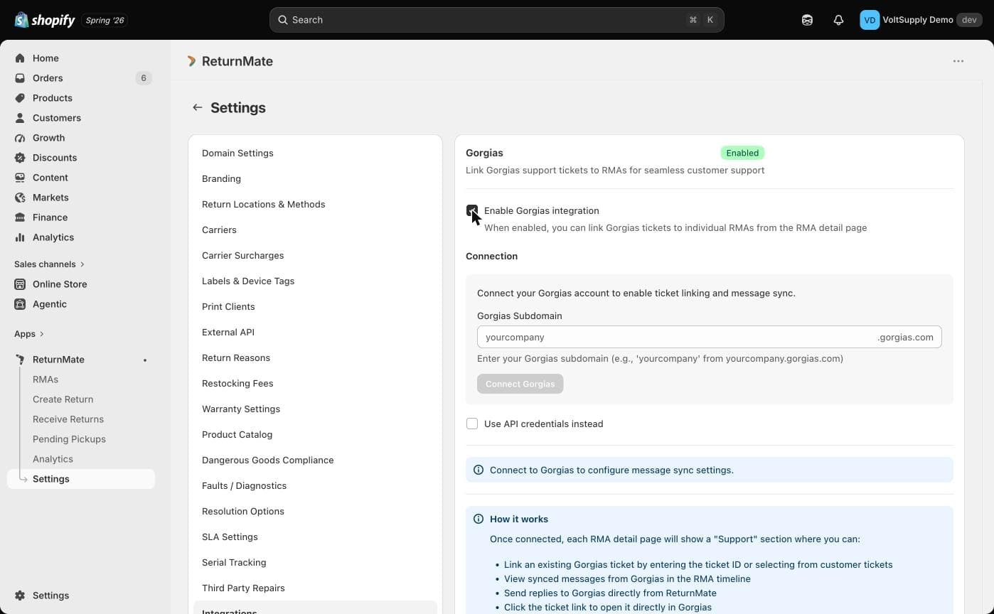 ReturnMate Gorgias integration settings page showing the Enable Gorgias Integration checkbox, subdomain field, and Connect Gorgias button