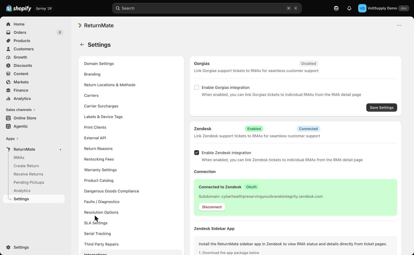 Zendesk section under Settings → Integrations with the Enable Zendesk integration checkbox