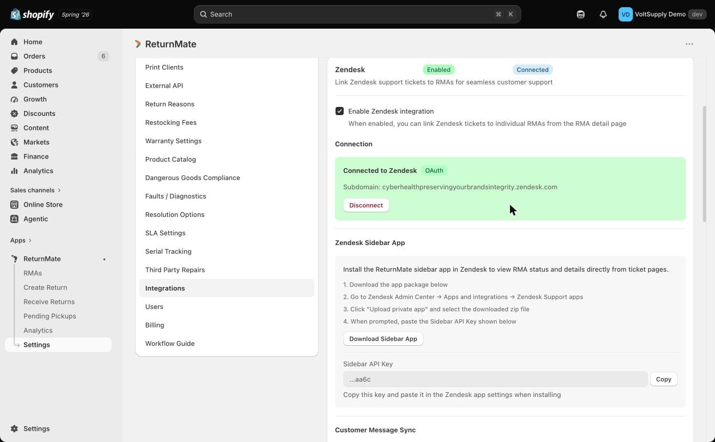 Connected to Zendesk via OAuth, with the Zendesk Sidebar App section below