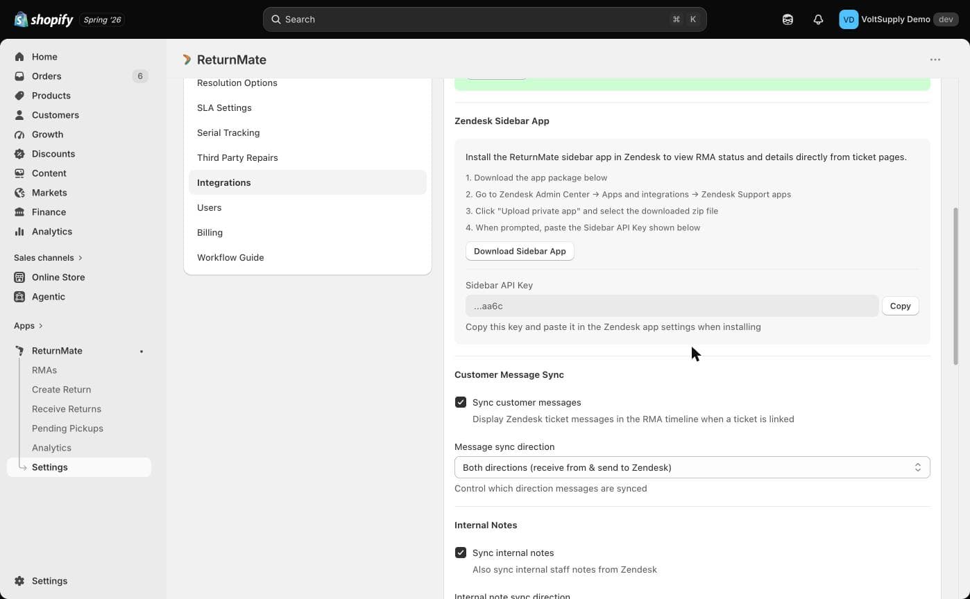 Zendesk Sidebar App section in ReturnMate with the Download Sidebar App button and Sidebar API Key
