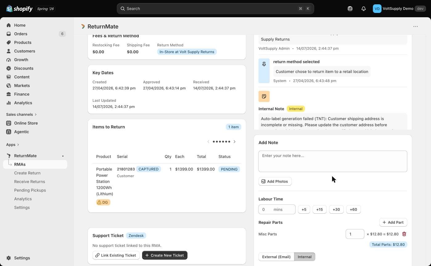 Add Note form with Labour Time buttons and Repair Parts showing a running parts total