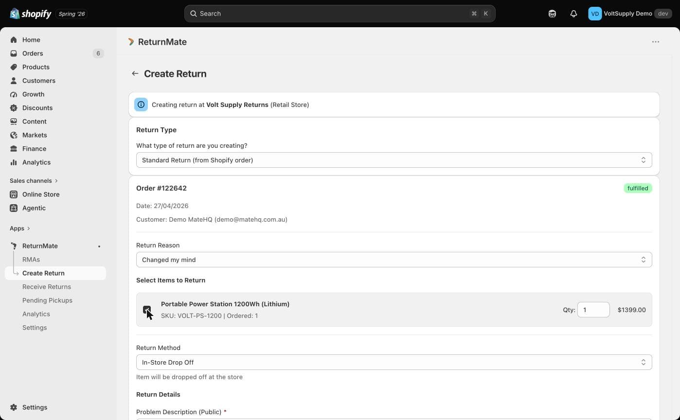 Create Return page with return reason, item selection and return method