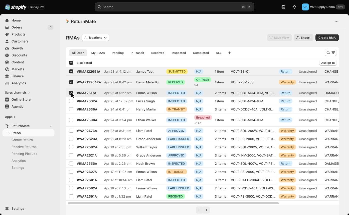 RMA list with three rows selected and the Assign to button in the header
