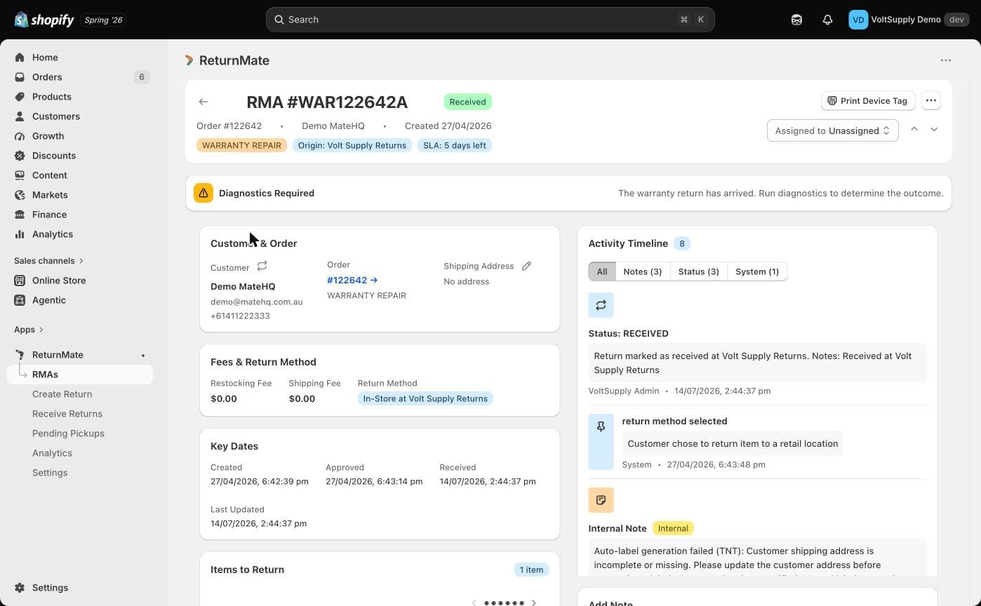 Warranty RMA detail with the Diagnostics Required banner and Activity Timeline