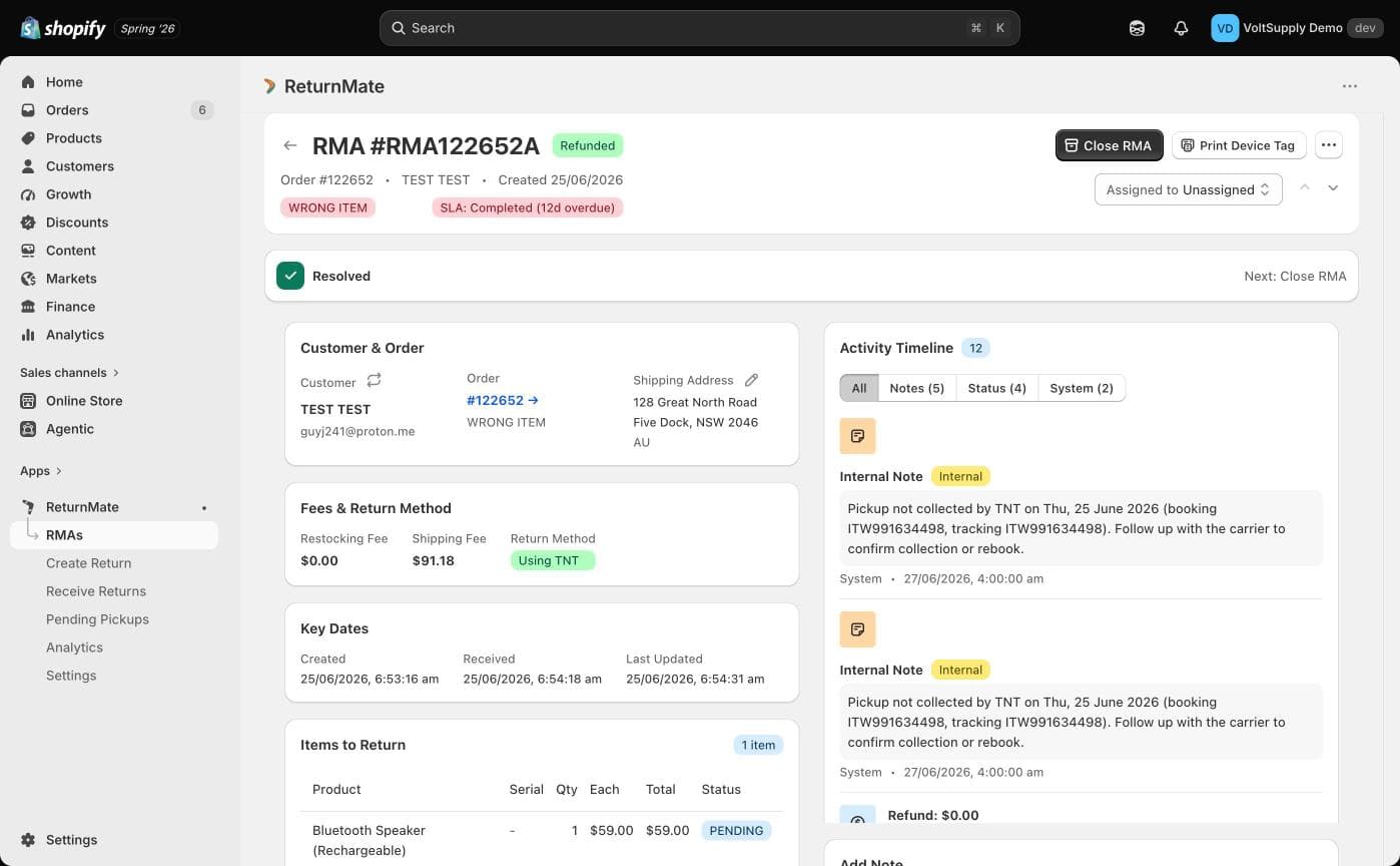 A Wrong Item RMA at Resolved with a refund issued and Close RMA as the primary action