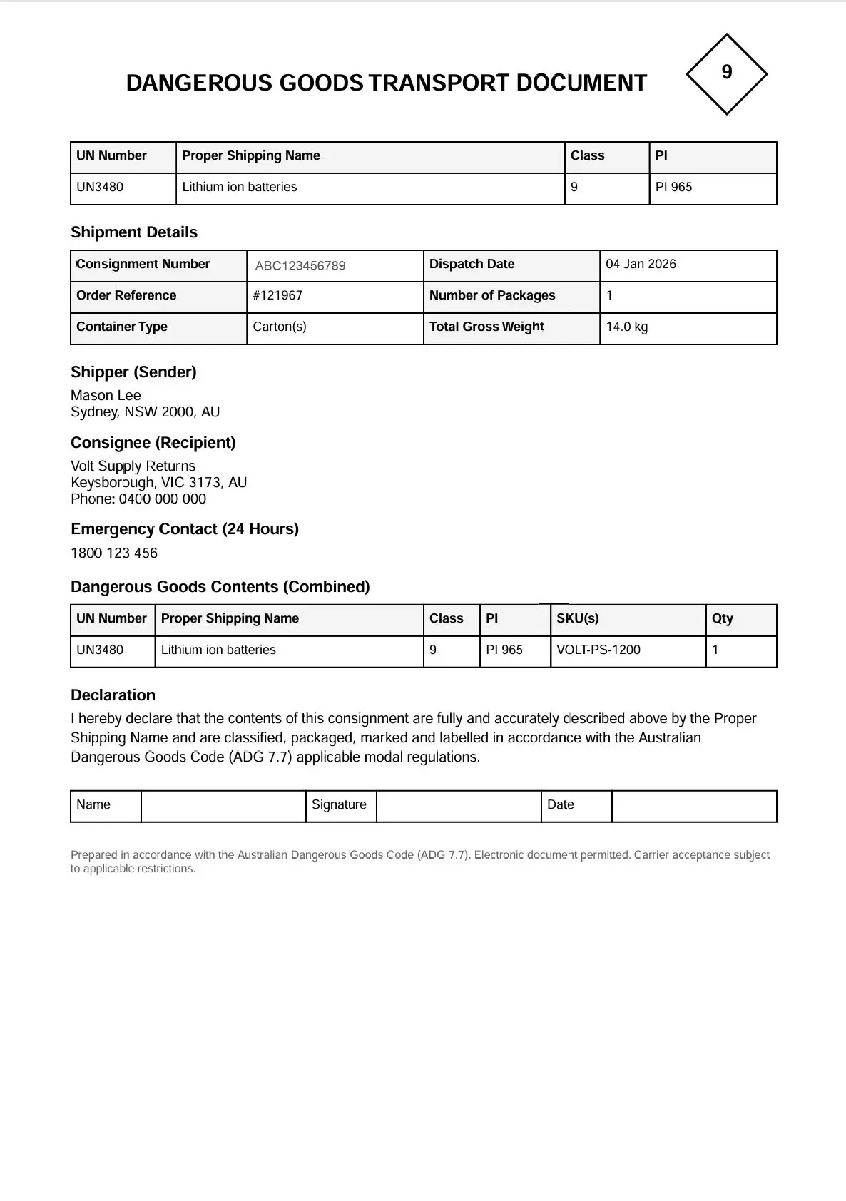 Auto-generated dangerous goods documentation